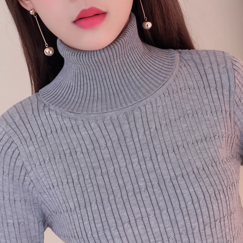 2018 New Autumn Winter Women Knitted Sweaters Pullovers Turtleneck Long Sleeve Solid Color Slim Fleece Elastic Sweater S52 Женская