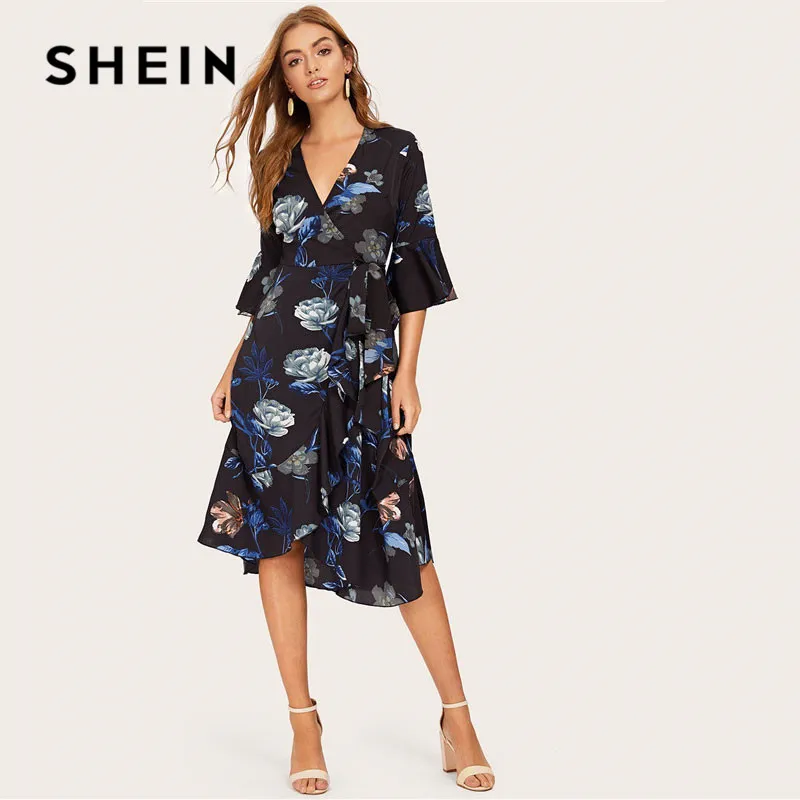 Шеин, бохо, v-образный вырез, с оборкой, половина рукава, с поясом, с запахом, Цветочное платье, женское, повседневное, с воланом, рукав, ТРАПЕЦИЕВИДНОЕ, летнее платье, Пляжное Платье