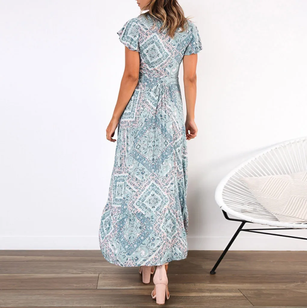 Свободное женское платье из страуса, бохо, длинное, VNeck, цветочное, синее, вечернее пляжное платье, сарафан, растущее, свежее, модное, женское платье, летнее