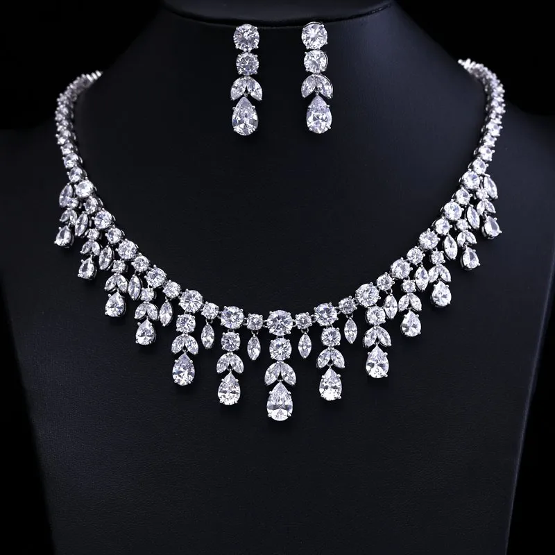 NewestLuxury Искрящийся Блестящий кубический циркон серьги капли ожерелье тяжелый