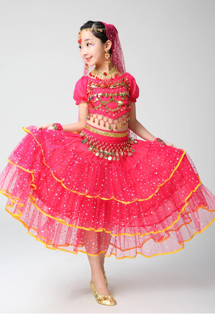 Платье для танца живота девочек детские 3-слойные костюмы с блестками