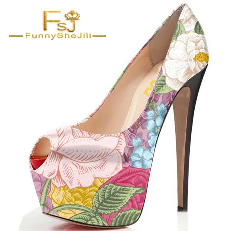 

FSJ Floral Heels Peep Toe Chunky Heel Platform Pumps US Size 3-15 Spring Summer Autumn Incomparable Women Shoes Noble Fashion