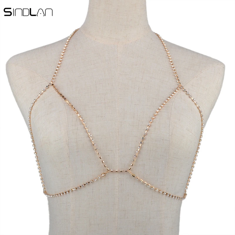 Новая мода Pop - блестящая цепочка с кристаллами Rhinestones для тела, нижнее белье, бикини, бюстгальтер, сексуальное золотое и серебряное ожерелье ювелирных изделий для женщин.