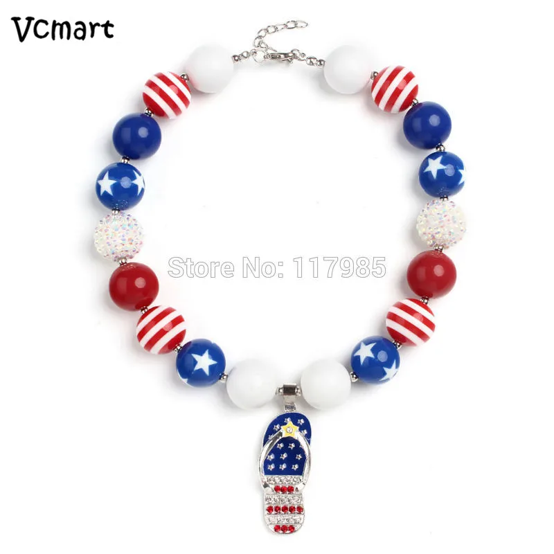 Vcmart July 4th Patriotic US Flag Design 2Pcs Kids Chunky Necklace Cartoon Slipper Rhinestone Pendant Toddler Bubblegum | Украшения и