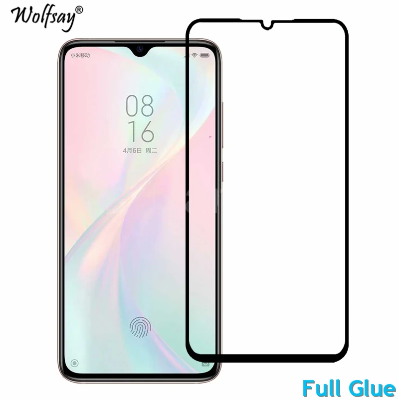 Protector de pantalla de pegamento completo para Xiaomi Mi CC9, vidrio templado de cobertura completa para Xiaomi Mi CC9e CC 9 9H 2.5D, pel&iacute;cula Premium Wolfsay, 2 uds.-0