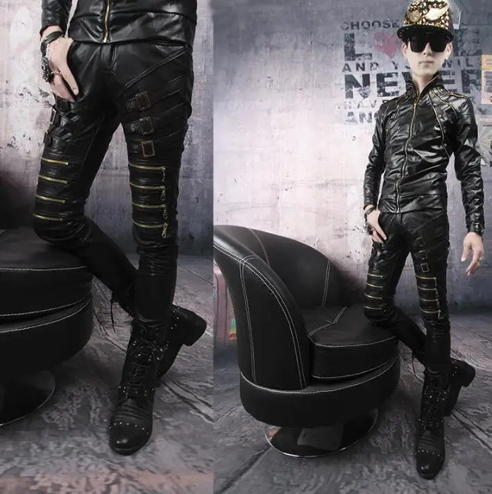 Autumn winter personality fashion motorcycle leather pants mens feet pants more zipper trousers for men pantalon homme stage