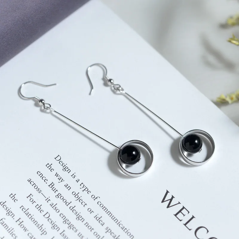 Реальные 925 стерлингового серебра серьги в виде капель с черным агатом камень