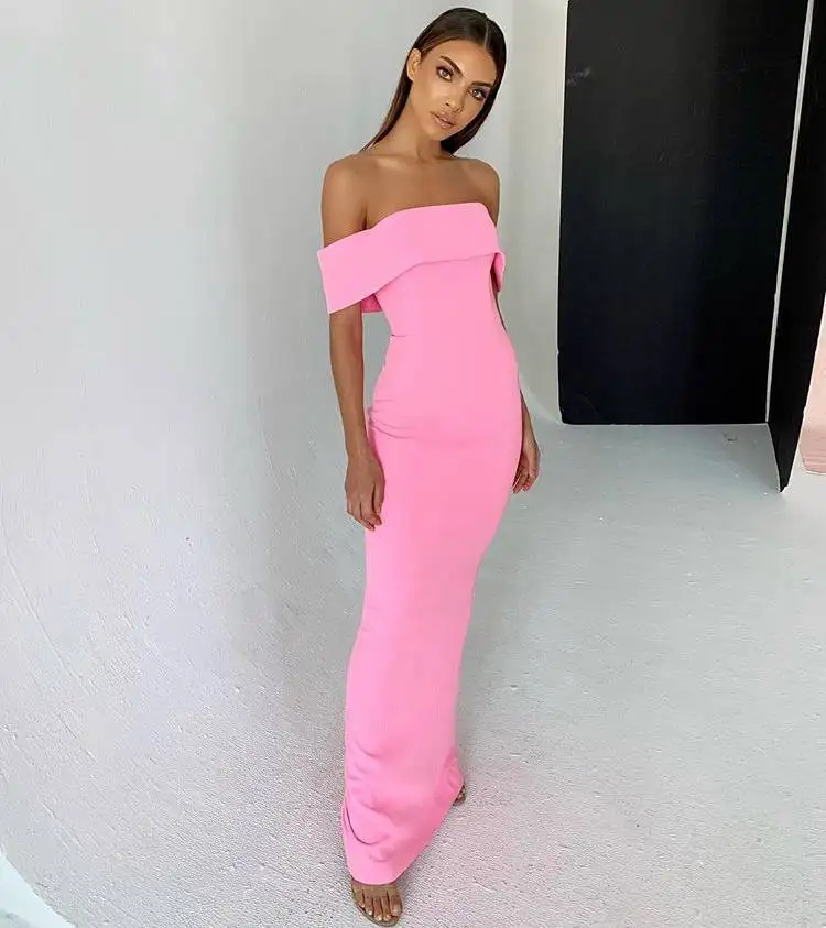 

High Quality Pink Slash Neck Off The Shoulder Long Rayon Bandage Dress Evening Party Dress