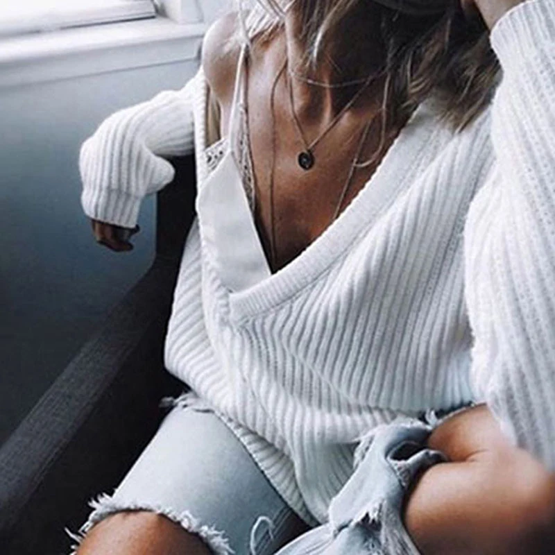 Сексуальный вязаный свитер с открытыми плечами и v-образным вырезом Женский