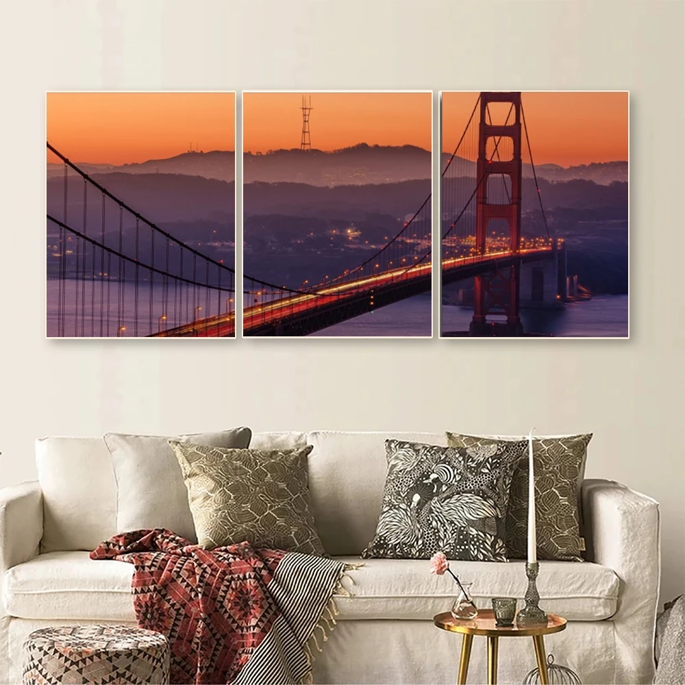 Laeacco 3 панели Sunrise of the Golden Gate Bridge San Francisco настенная Картина на холсте плакаты с