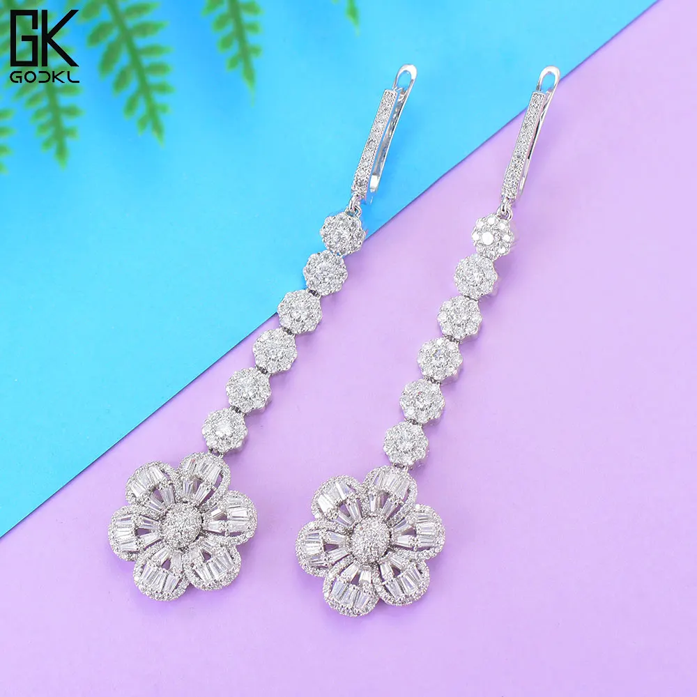 GODKI Luxury Flower Cubic Zircon Crystal CZ Long Dangle Earrings For Women African Bridal Earring aretes de mujer modernos 2018 | Украшения