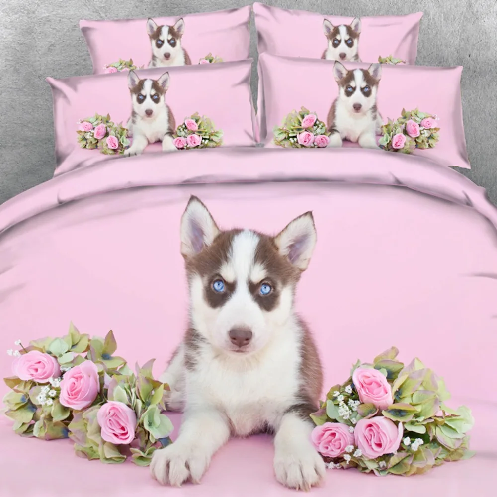 

4 PCS PER SET Sweet Blue eyed Husky dog and Roses many lovely Dog print for girl bed sheet and boy bed sheet children Bed sets