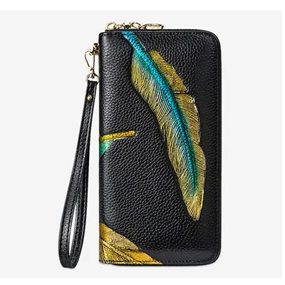 Feather Модные женские кошельки из натуральной кожи с цветочным принтом, женский клатч, длинный Браслет, кошелек для телефона, портмоне, сумка для телефона, кошелек - Цвет: Feather