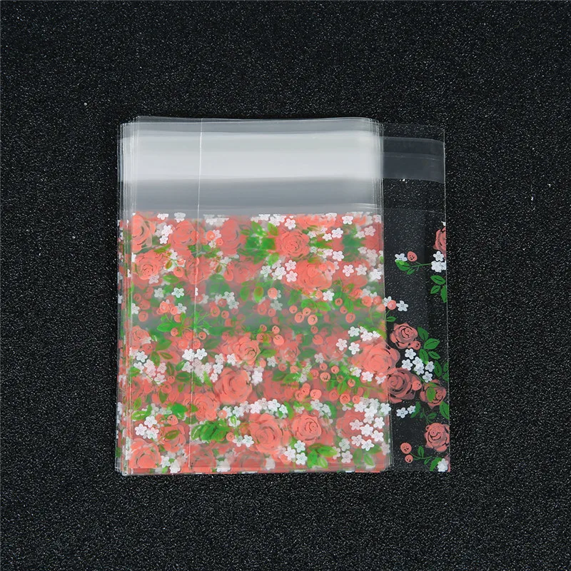 100pcs/lot Rose Flower Pattern Transparent Festive Gift Bags Cello Self-adhesive Cookie for Christmas Package | Украшения и