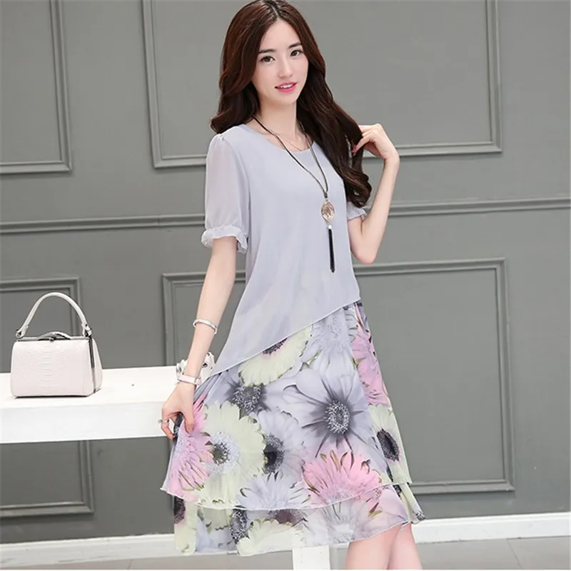 Женское шифоновое платье с принтом коротким рукавом и фальшивым