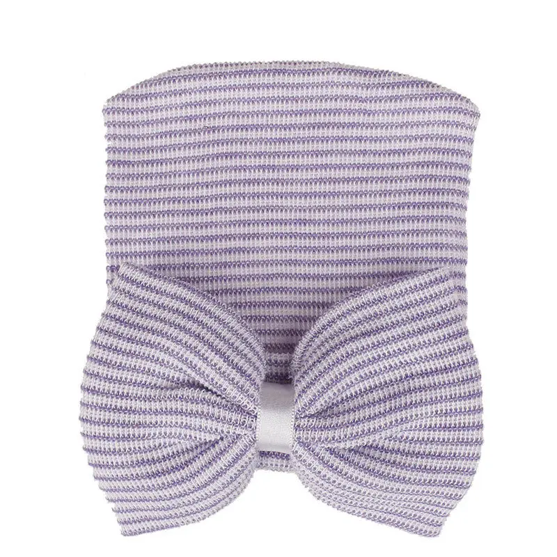 Purple hat Новорожденная детская шапка для младенцев детская теплая шапка полосатые шапки мягкие больничные шапки для девочек вязаные шапочки с бантом для новорожденных 0-3 м отправка сережек в подарок - Цвет: Purple hat