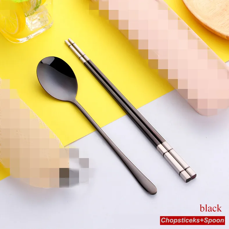 Black-1 set 1 пара корейских палочек для еды набор ложек многоразовые из нержавеющей стали для суши с длинной ручкой Нескользящие палочки для еды ложка набор инструментов коробка и сумка - Цвет: Black-1 set