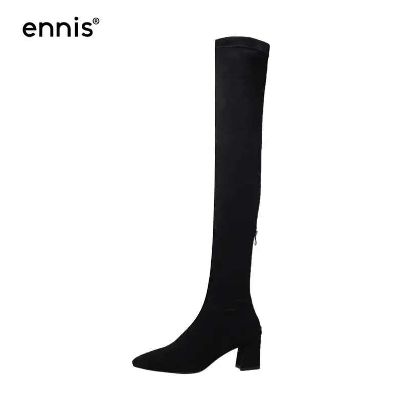 Black ENNIS/ Стрейчевые Сапоги выше колена женские сапоги на толстом высоком каблуке с острым носком осенне-зимние сапоги до бедра женская обувь из флока L859 - Цвет: Black