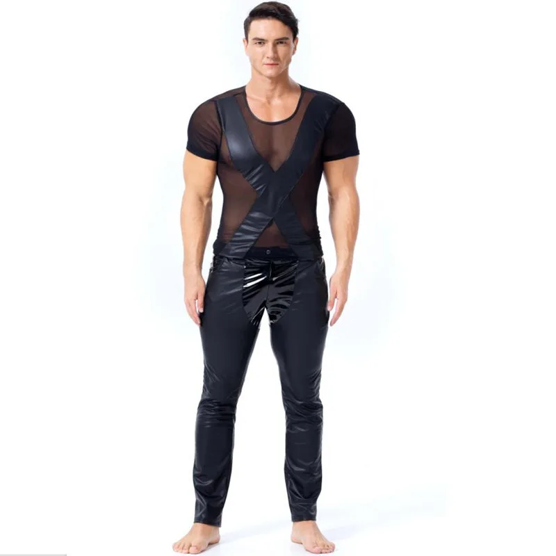 MenFaux Leather Tops Latex Catsuit Masquerade Super man Cosplay Halloween Party Dress Men Zentai Gay Fetish Wear Z6027