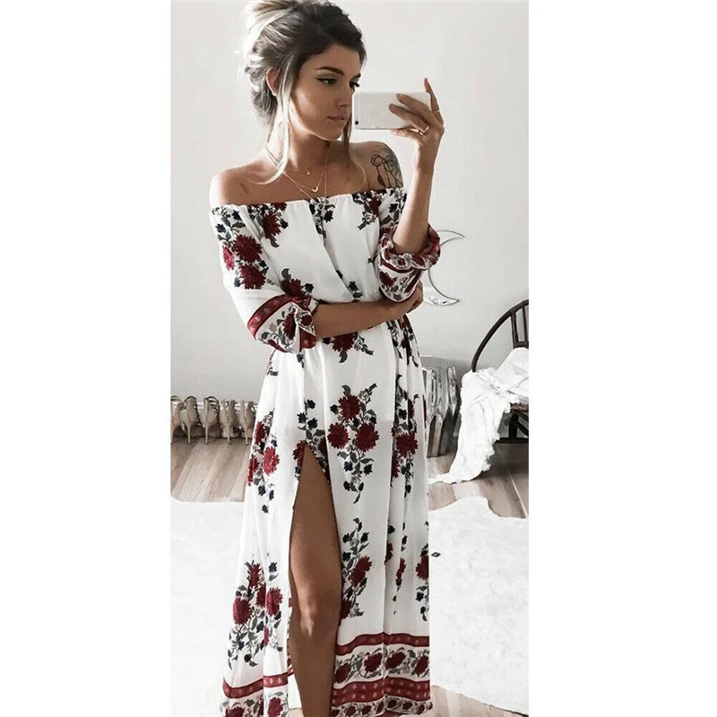 Платье-Макси женское с цветочным принтом открытыми плечами и длинным рукавом |