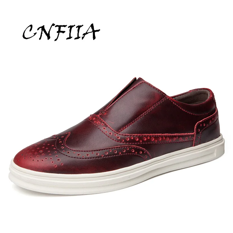 CNFIIA Men Leather Shoes Casual Red Black Brown Brogues Loafers 2018 Autumn New Slip on Male Walking Footwear | Обувь
