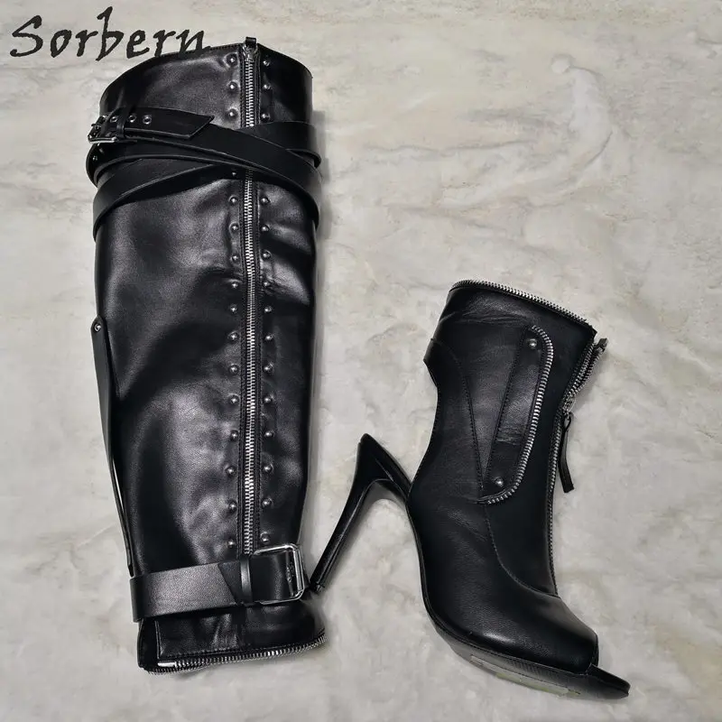 

Sorbern Two-Wearing Ways Punk Style Boots For Women High Heels Open Toe Summer Shoe Ladies Buckle Straps Over Knee Boots Women