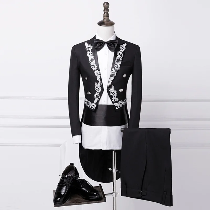 black a Shenrun мужской фрак Slim Fit костюм Мода Texudo золото серебро вышивка лацкан стильные свадебные, для жениха партии выпускного вечера сценические костюмы - Цвет: black a