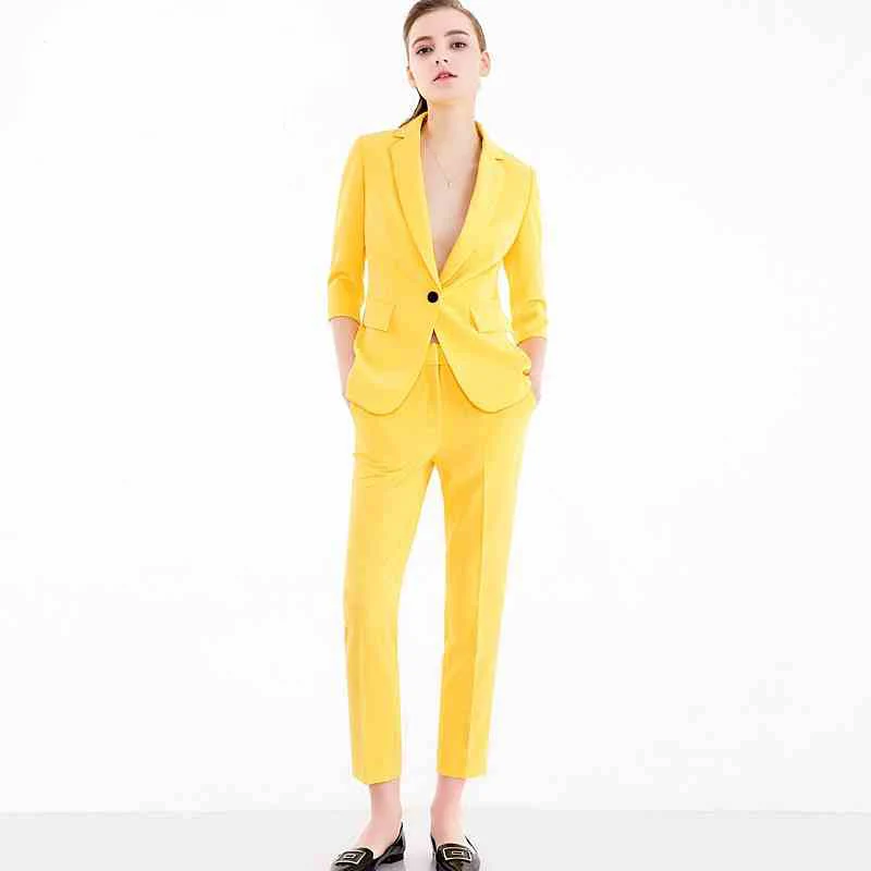 Женский офисный костюм из двух предметов Желтый Повседневный пиджак и брюки с