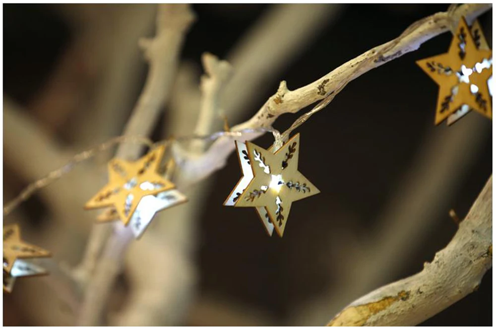 Wooden Star LED String Light Outdoor Waterproof Holiday Lights Battery Operated Fairy Christmas Garland Decoration JQ
