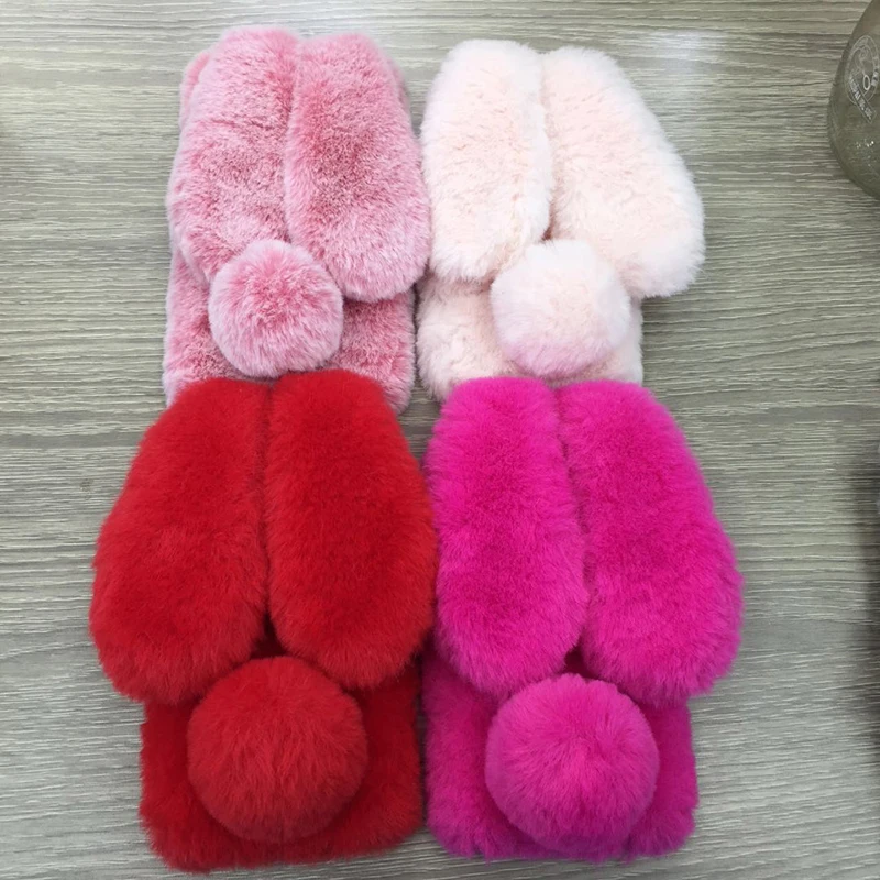 For iPhone 7 Case 3D Cute Rabbit Hairy Warm Fur Bling Rhinestone Plush Bunny Cover for XS 4 4S 5 5S SE 6 6S 8Plus |
