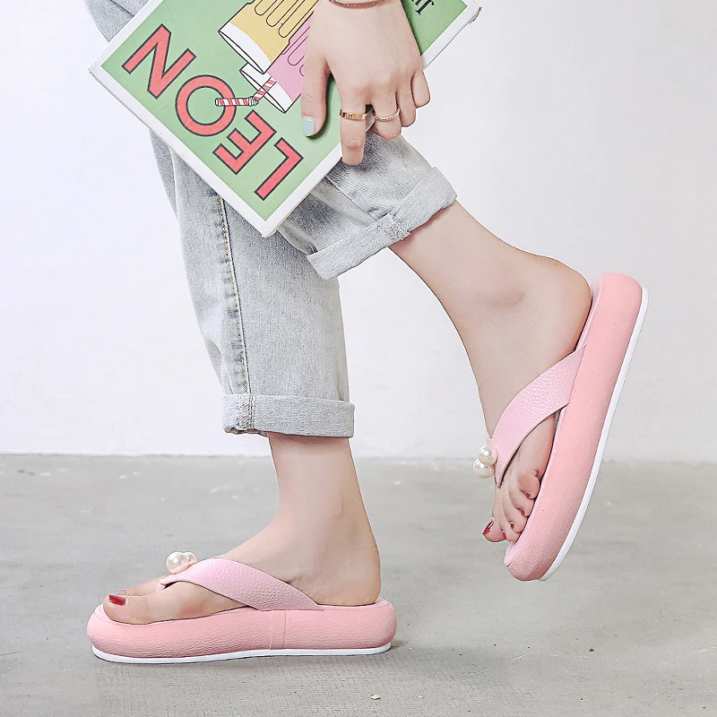 Summer Slippers Women Platform Shoes Pearl Flip Flops PU Ladies Casual Slip-on Beach mules 003w | Обувь
