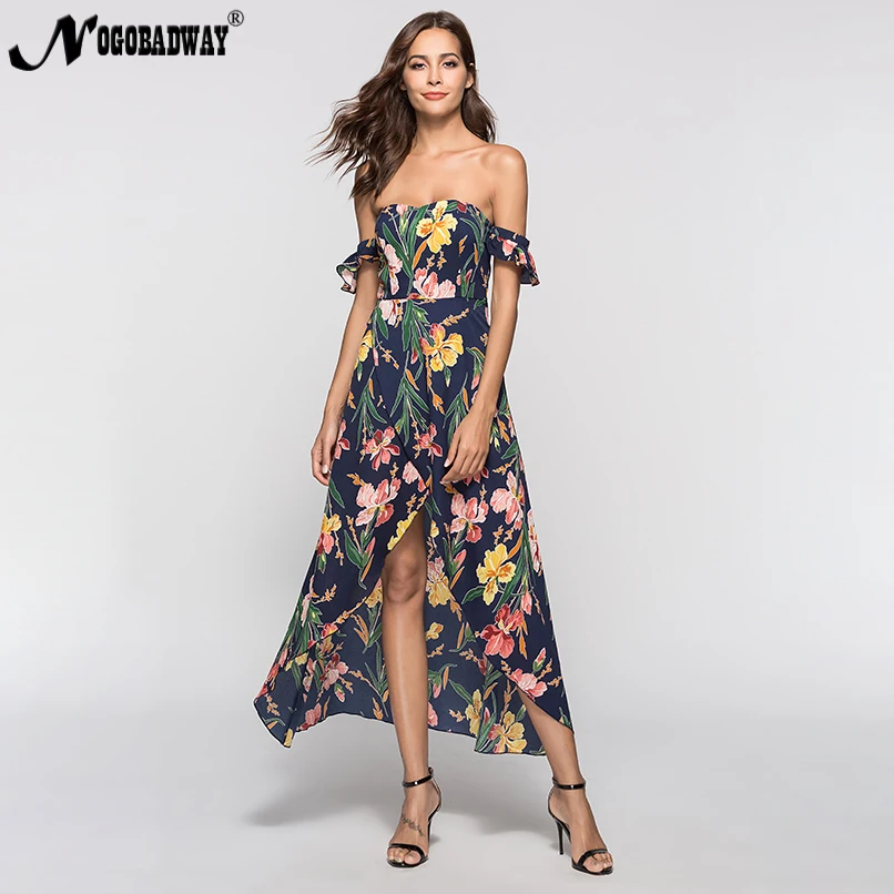 Летнее Длинное платье с цветочным принтом и открытыми плечами для женщин 2018