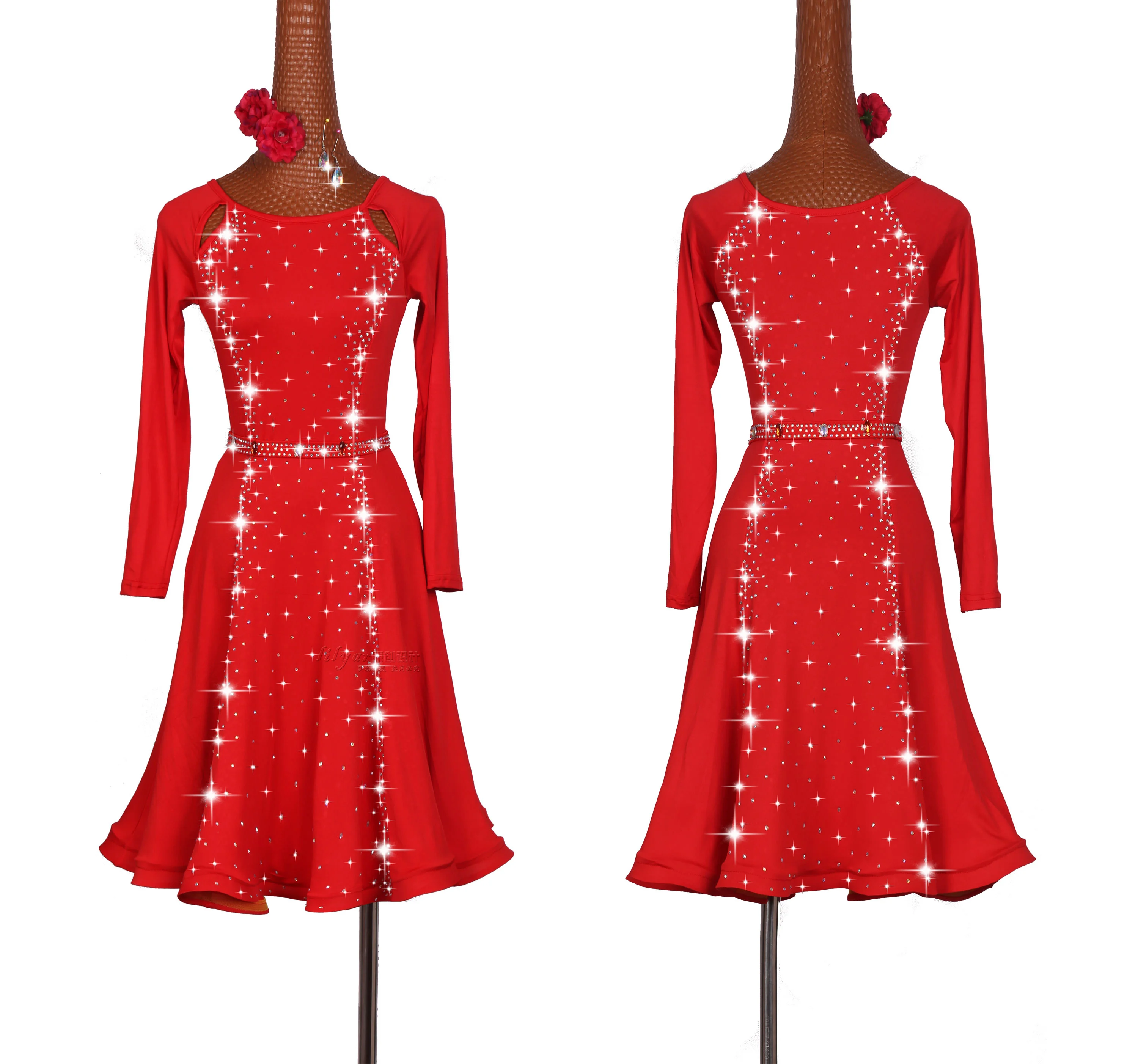 

Shiny Rhinestone Latin Dancing Dresses For Ladies Red Elegant Latin Skirt Women Stage Ballroom Compete Feminine Costumes