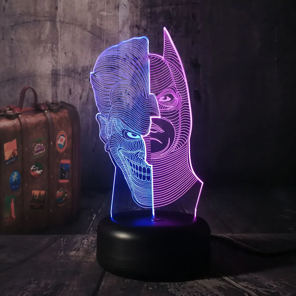 DC Бэтмен и клоун 3D светодиодный RGB Ночной светильник смешанный двойной цвет 7 цветов Настольная лампа для сна Декор для спальни Рождественский подарок для детей блеск