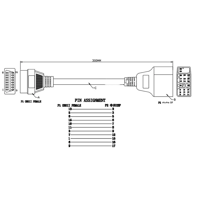 Для Toyota 22Pin к OBDII 16 контактный гнездовой разъем адаптер кабель DLC для 17pin OBD