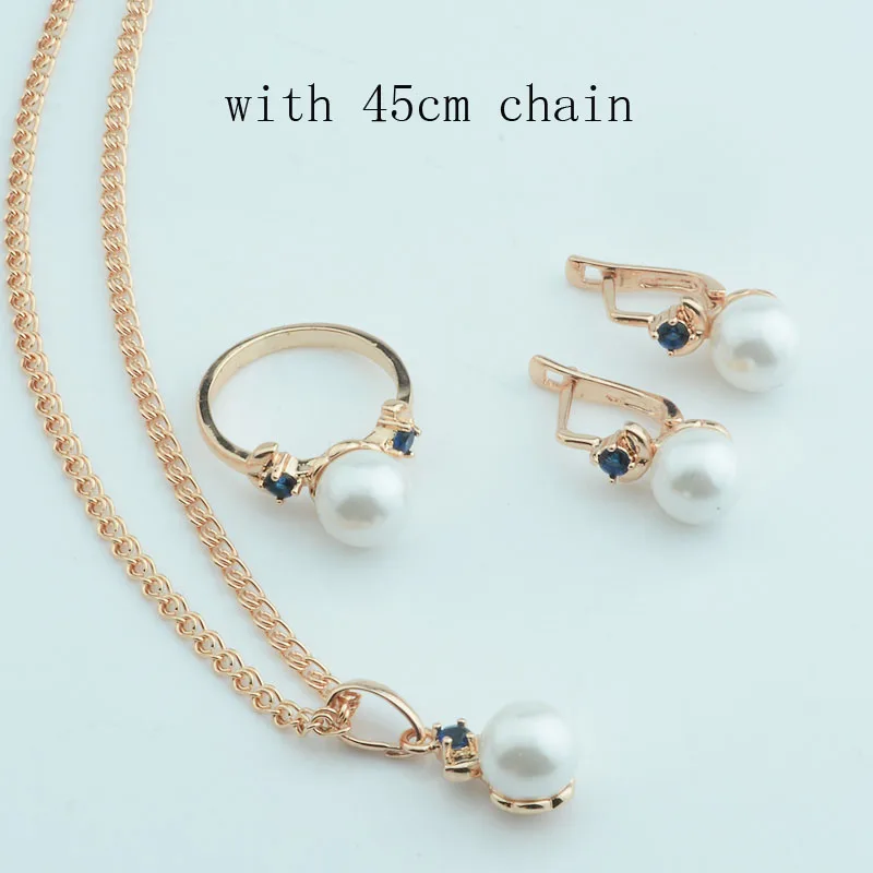 blue 45cm chain FJ 2 цвета, женские модные синие/белые кубические циркониевые комплекты из бисера, ювелирные изделия, 585 золотой цвет, розовая Подвеска+ серьги+ кольца, набор - Окраска металла: blue 45cm chain
