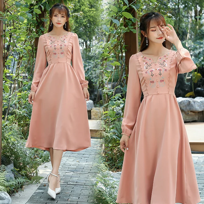 2017 осеннее женское платье элегантные качели с длинным рукавом вышивка винтажная