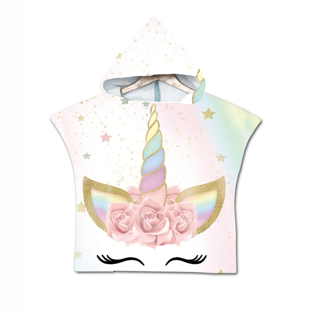 Free shipping Novelty Gift Cute Unicorn Rainbow Stars Hearts Print Microfiber Baby Kids Hooded Swim Bath Beach Towel Poncho Cape