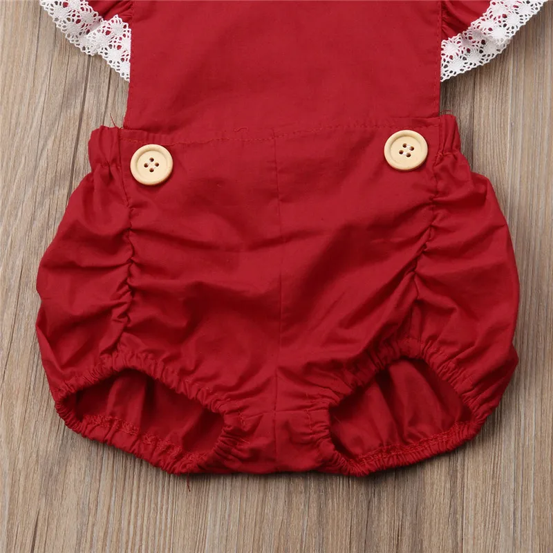 

Red Newborn Baby Girls Lace Backless Christmas Bodysuit Outfits Clothes Ruffles Headband 2pcs