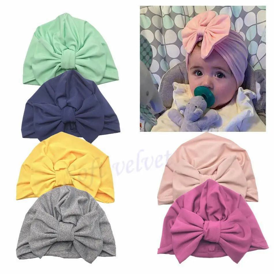 2019 Brand Newborn Kid Baby Girls Turban Soft Silk Beanie Comfy Bowknot Hospital Hat Cap Wrap Headwear Headband Lovely | Детская одежда