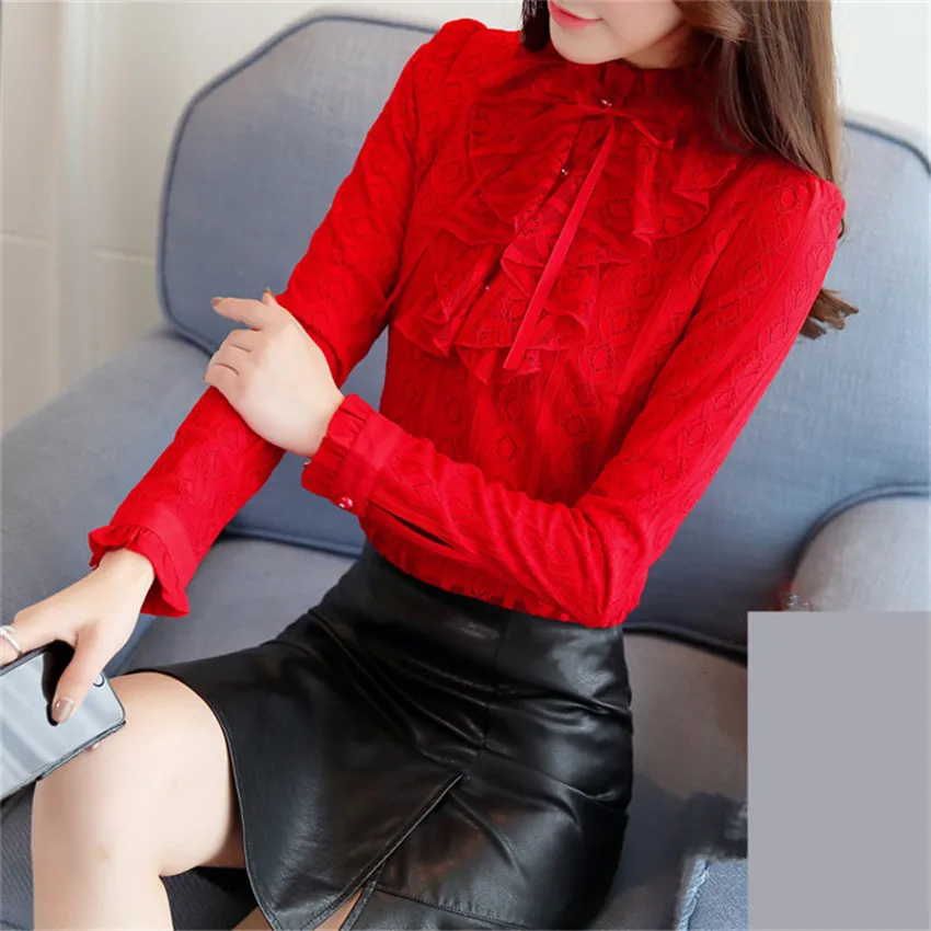 Осень-зима 2019 тонкие женские кружевные блузки толстые бархатные рубашки с бантом