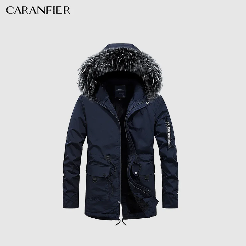 CARANFIER Зимние новые мужские парки, хлопковое пальто, длинная Молодежная Новая мужская хлопковая куртка, хлопковая куртка с капюшоном и воротником в виде гривы