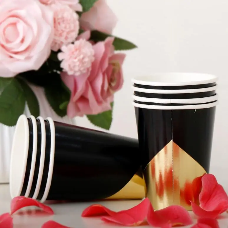8pcs black cup Черная Серия золотые блокирующие одноразовые столовые приборы бумажные тарелки для вечеринки салфетки чашки соломки для дней рождения вечерние свадебные детские Душ Декор - Цвет: 8pcs black cup