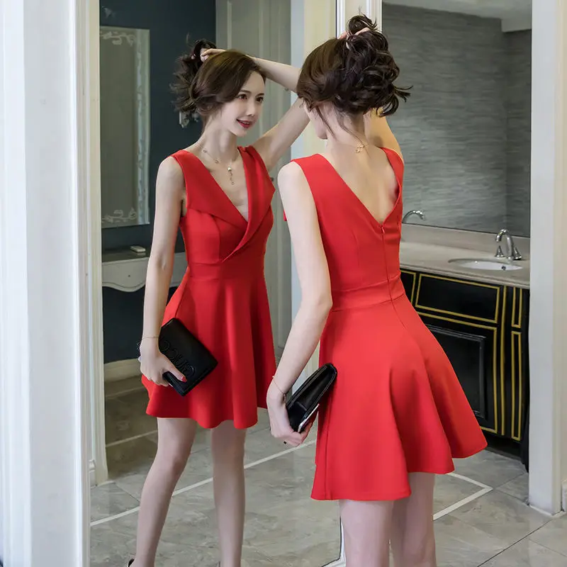 Korea Pink Summer Dress Nightclub Tank Dresses Sexy Women Solid V-neck Sleeveless Beach Backless Party Mini Vestidos | Женская одежда