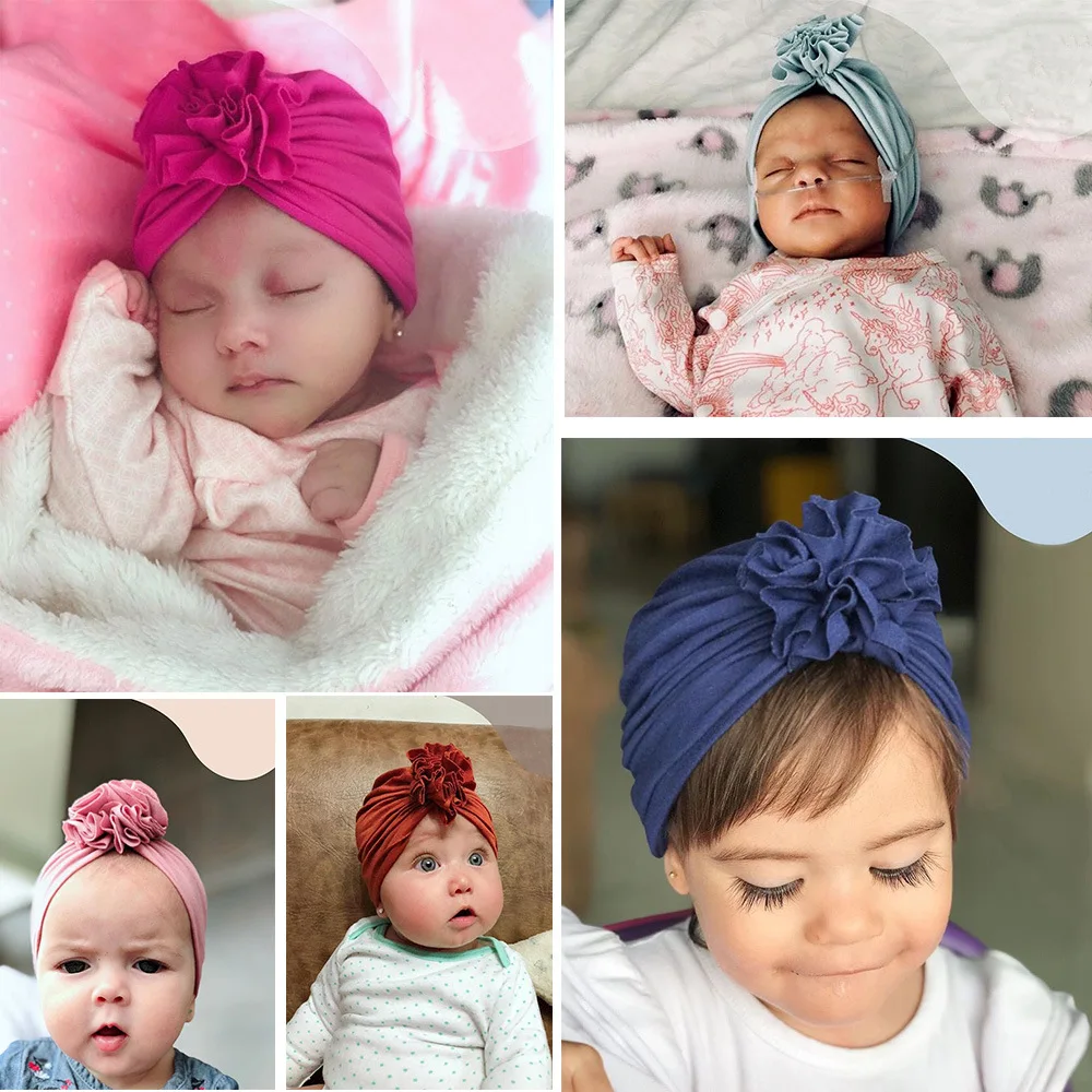 New Fashion Flower Baby Hat Newborn Elastic Baby Turban Hats for Girls 10 Colors Cotton Infant Beanie Cap 1 PC