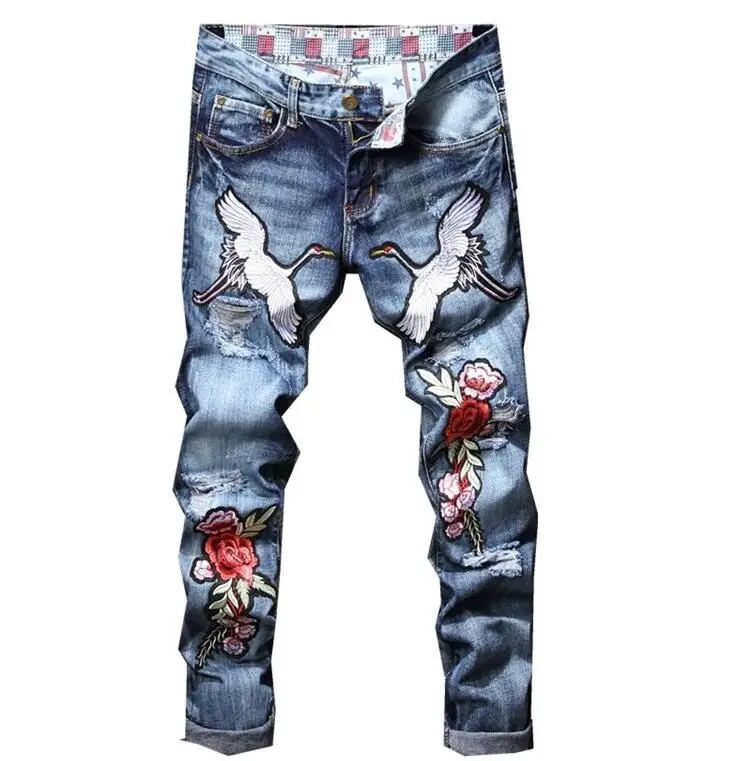 Дешевые мотоциклетные джинсы Мужские байкерские с вышивкой и сломанными дырками