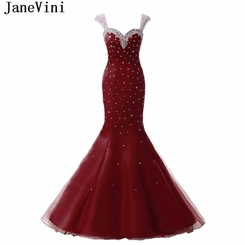 JaneVini Luxury Sequins Beaded Burgundy Bridesmaid Dresses for Women Sweetheart Sheer Back Floor Length Mermaid Tulle Prom Gowns | Свадьбы и