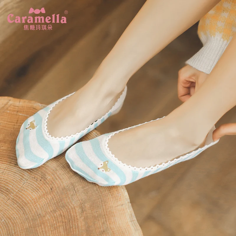 Женские короткие носки Caramella хлопковые невидимые в полоску с вышивкой лисы 4