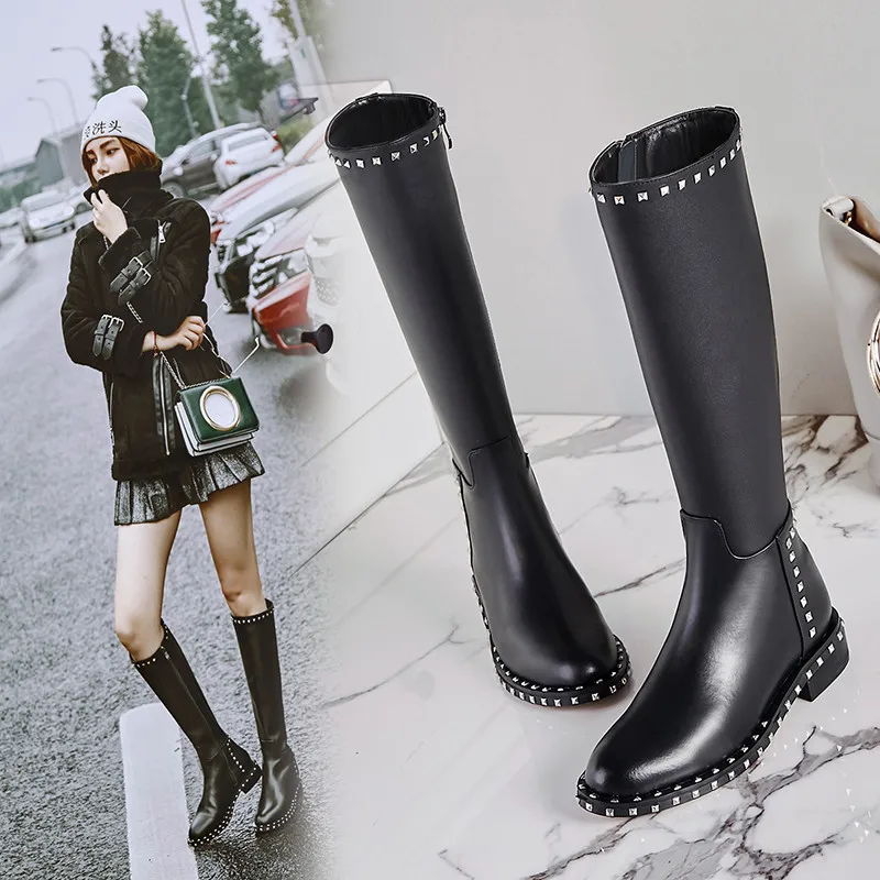 

ASUMER 2020 New Genuine leather Boots rivets square heel women's winter boots punk ladies knee high boots EUR SIZE 34-41