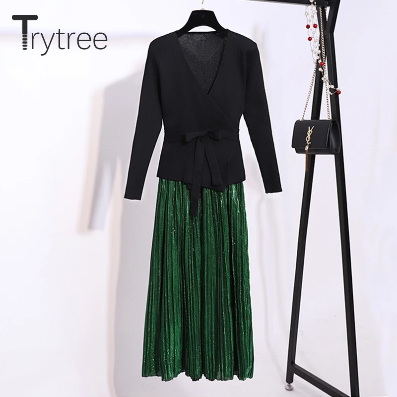 Trytree Spring summer Set Women two piece set Casual Fashion tops + skirt Top V-neck Office Polyester Solid Suit Pullover | Женская